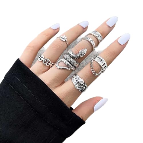 Prosy Vintage Snake Star Moon Knöchelringe Set Silber Blume Herz Seestern Yin und Yang Fingergelenk stapelbarer Ring für Frauen und Mädchen (D) von Prosy