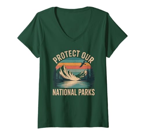 Damen Retro-Schutz für unsere Nationalparks, Berge, Vintage-Wandern T-Shirt mit V-Ausschnitt von Protect Our National Parks Hiking Nature Camping