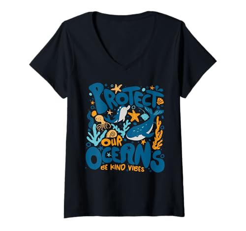 Damen Protect Our Oceans Save The Ocean Cute Dolphin Be Kind Vibes T-Shirt mit V-Ausschnitt von Protect The Sharks Save The Ocean Gifts Tees