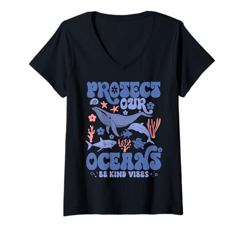 Damen Protect Our Oceans Save The Ocean Dolphin World Ocean Day T-Shirt mit V-Ausschnitt Damen Protect Our Oceans Save The Ocean Dolphin World Ocean Day T-Shirt mit V-Ausschnitt von Protect The Sharks Save The Ocean Gifts Tees