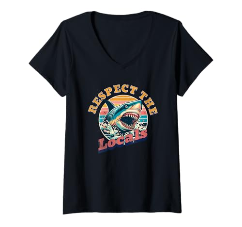 Damen Respektieren Sie den Shark Summer Beach Vacation der Einheimischen T-Shirt mit V-Ausschnitt von Protect the Sharks
