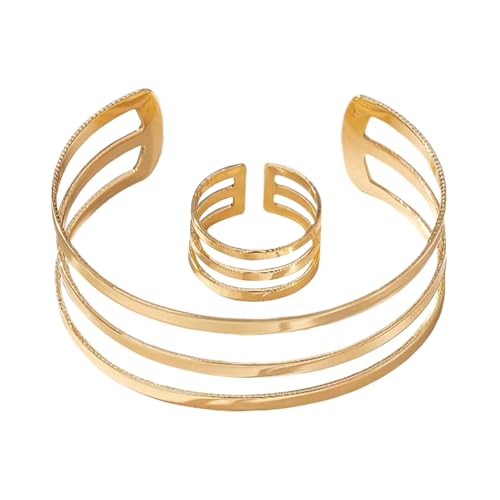 Protoence Damenschmuck Für Die Hand - Gold Damen Schmuck Set | Modischer Zarter Stapelbarer Ästhetischer Ring Und Armband Mit Dreischichtiger Hohlkufe Für Besondere Anlässe Und Zum Täglichen Tragen von Protoence