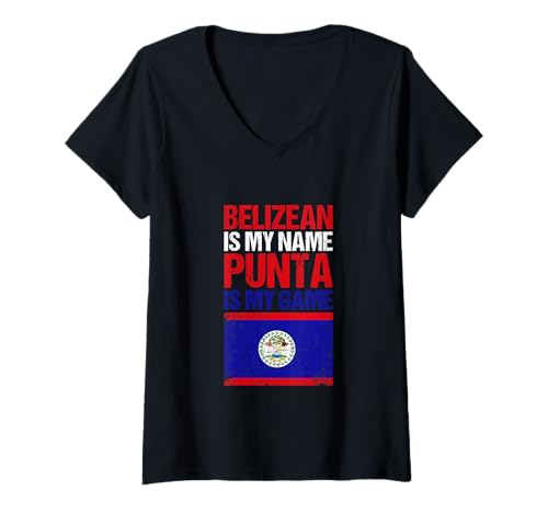Damen Belizisch ist Mein Name Punta ist Mein Spiel T-Shirt mit V-Ausschnitt von Proud Belize Roots Flag Colors Blue Red White