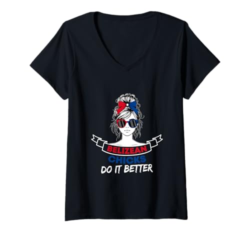 Damen Belizische Mädels Machen es Besser T-Shirt mit V-Ausschnitt von Proud Belizean Heritage Belize Flag Blue Red White
