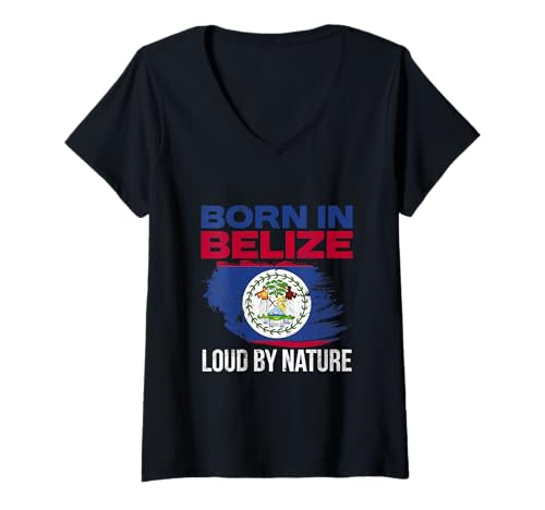 Damen Geboren in Belize Loud by Nature T-Shirt mit V-Ausschnitt von Proud Belizean Heritage Belize Flag Blue Red White