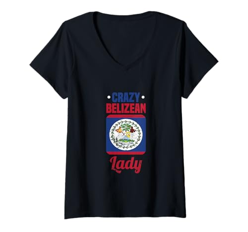 Damen Verrückte belizeanische Dame T-Shirt mit V-Ausschnitt von Proud Belizean Heritage Belize Flag Blue Red White