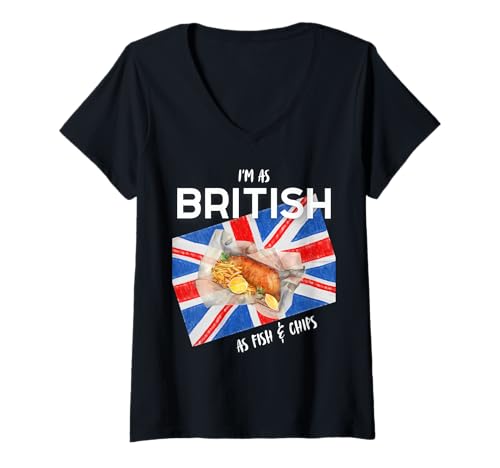 Damen Ich Bin so britisch wie Fish & Chips Fun British Heritage Boy Girl T-Shirt mit V-Ausschnitt von Proud British Flag UK Family Group Mum Dad Sons