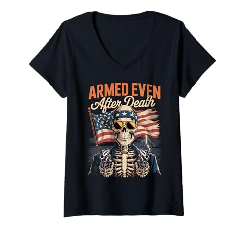 Damen Retro Classic American Patriot Skelett - Pro Gun T-Shirt mit V-Ausschnitt von Proud Gun Owner Freedom is Forever