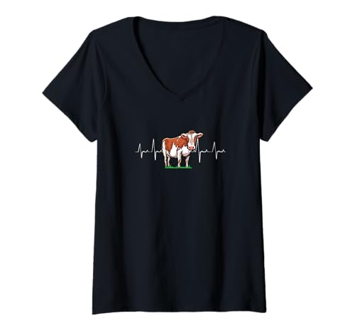Damen Kuh Herzschlag Bauernhof Animal Pulse - Farming Life Farmer T-Shirt mit V-Ausschnitt von Proud Herefords Farmer Gifts
