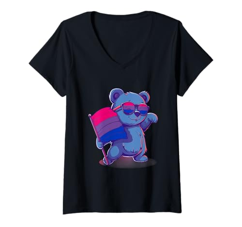 Damen Bisexuelle Bärenflagge LGBTQ Bisexueller Stolz Bisexualität Bi-Flagge T-Shirt mit V-Ausschnitt von Proud LGBTQ Bisexual Bisexuality Pride