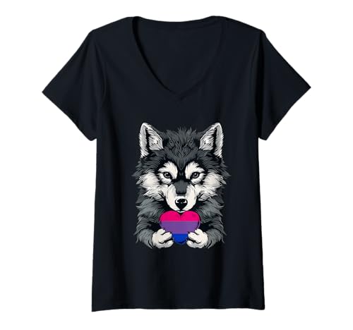 Damen Wolfsherz LGBTQ Bisexueller Stolz Bisexualität Bisexueller Stolz T-Shirt mit V-Ausschnitt von Proud LGBTQ Bisexual Bisexuality Pride