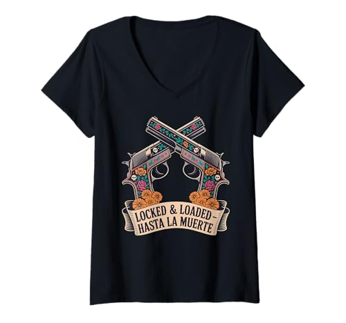 Damen Dia de los Muertos - Calavera Pistolen T-Shirt mit V-Ausschnitt von Proud Mexican Dia de los Muertos Gun Outfits