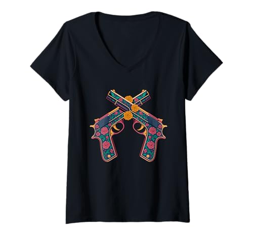 Damen Dia de los Muertos - Niedliche Pistolen im Totenkopf-Stil T-Shirt mit V-Ausschnitt von Proud Mexican Dia de los Muertos Gun Outfits