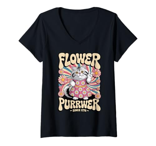 Damen Flower Purrwer 1776 Peace Kitty – Positive Patriotic Vibes T-Shirt mit V-Ausschnitt von Proud Patriotic American Hippie Kitty Cat