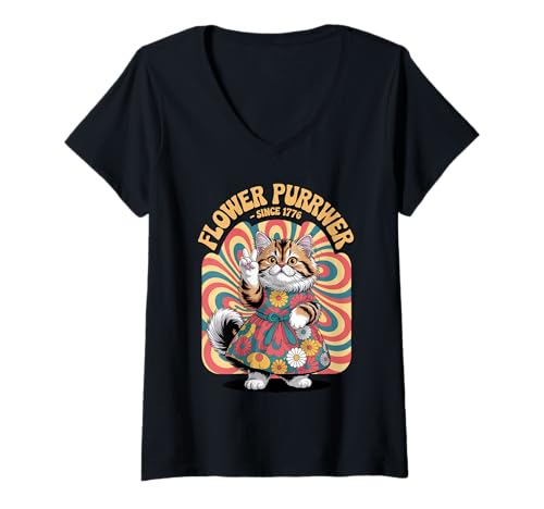 Damen Flower Purrwer Retro Cat - 1776 Peace Zeichen USA Pride Vibes T-Shirt mit V-Ausschnitt Damen Flower Purrwer Retro Cat - 1776 Peace Zeichen USA Pride Vibes T-Shirt mit V-Ausschnitt von Proud Patriotic American Hippie Kitty Cat
