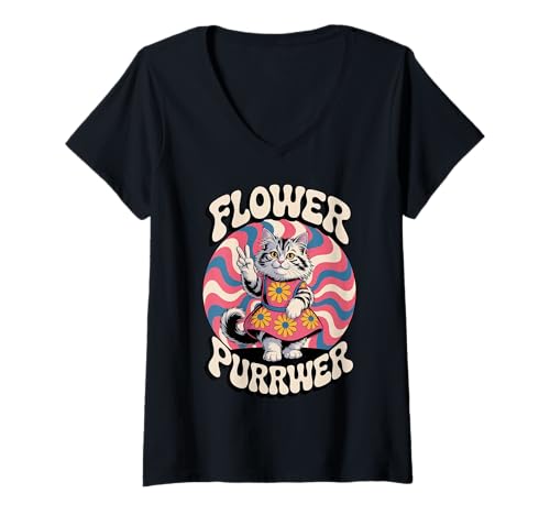 Damen Flower Purrwer - Retro Peace Cat - Seit 1776 American Pride T-Shirt mit V-Ausschnitt von Proud Patriotic American Hippie Kitty Cat