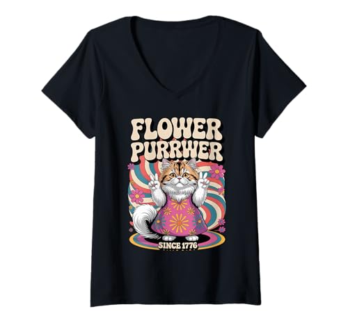 Damen Groovy Flower Purrwer Cat - Seit 1776 - USA Pride & Peace T-Shirt mit V-Ausschnitt von Proud Patriotic American Hippie Kitty Cat