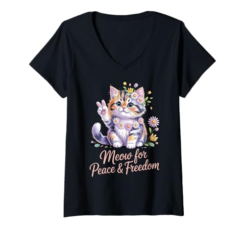 Damen Meow for Peace & Freedom - Patriotic Cat Vibes USA Peace T-Shirt mit V-Ausschnitt von Proud Patriotic American Hippie Kitty Cat