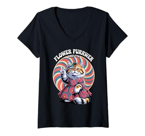 Damen Patriotic Flower Purrwer - 1776 Peace Cat - Positive Vibes T-Shirt mit V-Ausschnitt Damen Patriotic Flower Purrwer - 1776 Peace Cat - Positive Vibes T-Shirt mit V-Ausschnitt von Proud Patriotic American Hippie Kitty Cat