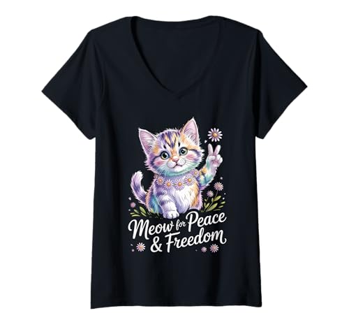 Damen Patriotic Peace Kitty - Meow for Freedom - 1776 USA Spirit T-Shirt mit V-Ausschnitt von Proud Patriotic American Hippie Kitty Cat