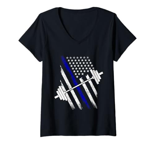 Damen Langhantel Gym Workout Thin Blue Line US Polizist Cop T-Shirt mit V-Ausschnitt Damen Langhantel Gym Workout Thin Blue Line US Polizist Cop T-Shirt mit V-Ausschnitt von Proud Police Officer Law Enforcement Gift
