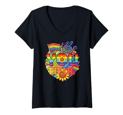 Damen Beyoutiful Rainbow Pride LGBT - LGBTQ Pride Month für Selbstliebe T-Shirt mit V-Ausschnitt von Proud Pulse Apparel.USA