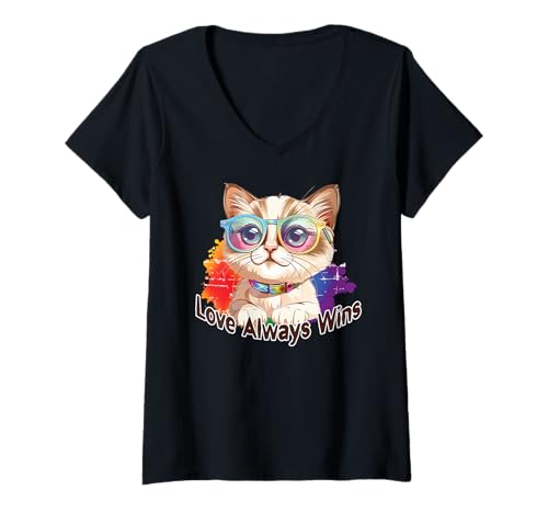 Damen Ich liebe LGBT Cat Pride - Gay Ally LGBTQ Pride Month Cat Kitty T-Shirt mit V-Ausschnitt von Proud Pulse Apparel.USA