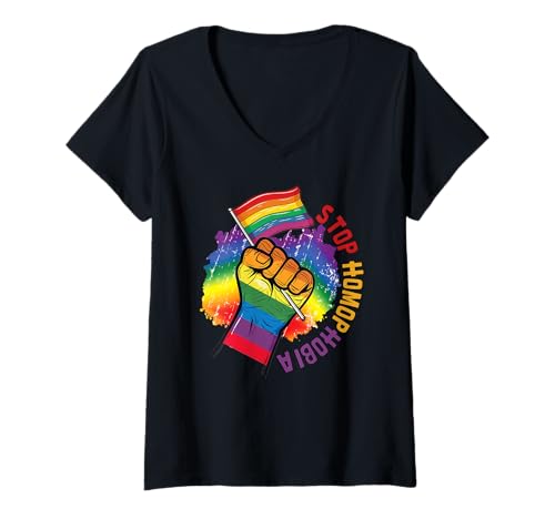 Damen Stop Homophobie LGBT Flag Pride - Gay Ally LGBTQ Pride Month T-Shirt mit V-Ausschnitt von Proud Pulse Apparel.USA