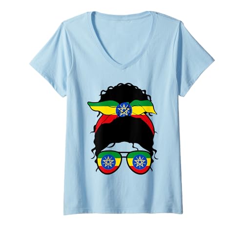 Damen Äthiopisches Mädchen Äthiopien äthiopische Flagge Stolze äthiopische Frau T-Shirt mit V-Ausschnitt von Proud To Be An Ethiopian Girl Apparel Co.