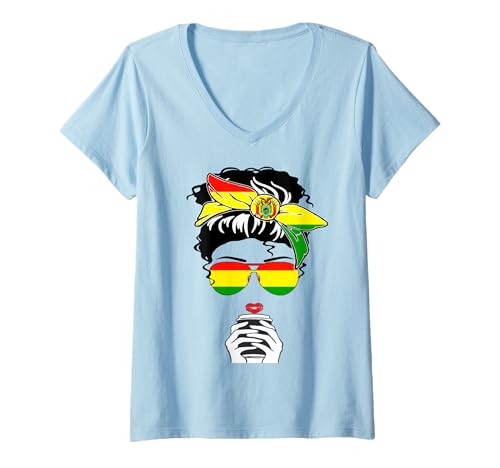 Damen Coole bolivianische Kaffeetasse Mama Mama Mädchen Tante Bolivien Flagge Grafik T-Shirt mit V-Ausschnitt von Proud To Be Bolivian Cool Bolivia Independence Day