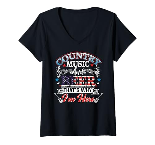 Damen Vintage Country Music and Beer That's Why I'm Here US-Flagge T-Shirt mit V-Ausschnitt von Proud Vintage 60's 70's 80's 90's Retro Gifts