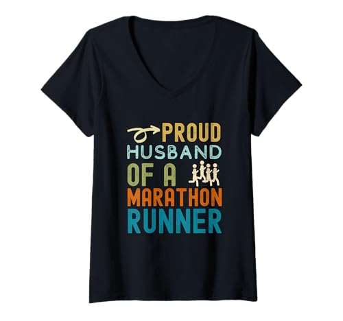 Damen Stolzer Ehemann eines Marathonläufers Retro Vintage Used-Look T-Shirt mit V-Ausschnitt von Proud husband of a marathon runner