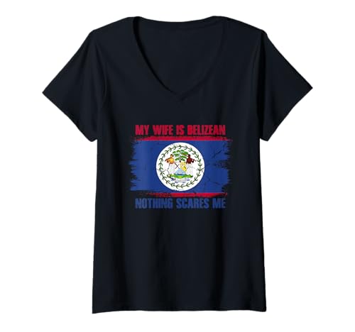 Damen Meine Frau ist Belizerin Nichts Macht Mir Angst T-Shirt mit V-Ausschnitt von Proud to Be Belizean Flag & Heritage