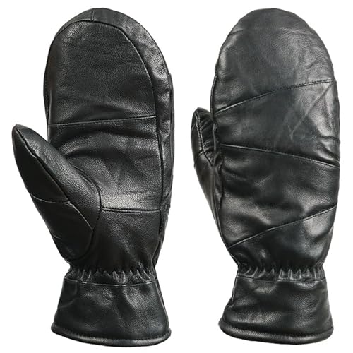 ProudDemon Herren Schaffell Winter Leder Fäustlinge Handschuhe Frauen Winddicht Warm Handschuhe Fäustlinge Push Gefüttert Echtleder Handschuhe für Damen und Herren, Schwarz von ProudDemon