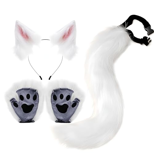 Proumhang 3 Stück Tierohren Stirnband Schwanz Pfote Handschuh Set,Fuchs Katze Cosplay Für Frauen,Halloween Verstellbarer Pelziger Fuchsschwanz Kostüm für Kinder & Erwachsene Weiß&Rosa von Proumhang