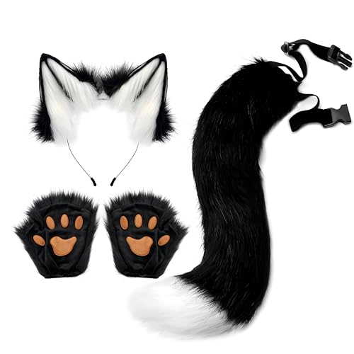 Proumhang 3 Stück Tierohren Stirnband Schwanz Pfote Handschuh Set,Fuchs Katze Cosplay Für Frauen,Halloween Verstellbarer Pelziger Fuchsschwanz Kostüm für Kinder & Erwachsene Weiß&Schwarz von Proumhang