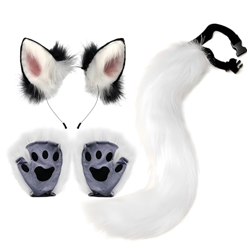 Proumhang 3 Stück Tierohren Stirnband Schwanz Pfote Handschuh Set,Fuchs Katze Cosplay Für Frauen,Halloween Verstellbarer Pelziger Fuchsschwanz Kostüm für Kinder & Erwachsene Weiß von Proumhang