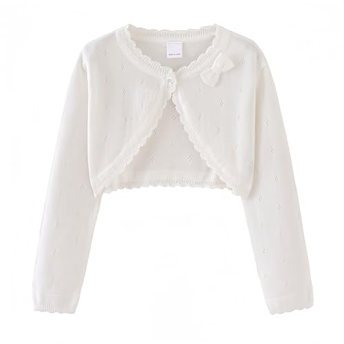 Proumhang Bolero Shrug Strickjacke für Mädchen Langärmelige Baumwollstrickpullover EIN-Knopf-Schal Jacke Sweatshirt Mäntel Chlidren Kleid Cover Up Für 3-10 Jahre Weiß 130 von Proumhang