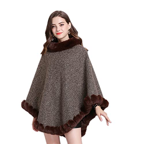 Proumhang Damen Gestrickter Schal Poncho mit Kunstpelz,Poncho Cape,Rundhals Pullover Schal,Winter Warm Elegant Umhang Poncho,Strick Pullover Cape,Geschenke Für Frauen Mama Kaffee von Proumhang