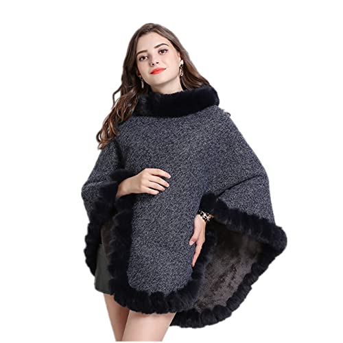 Proumhang Damen Gestrickter Schal Poncho mit Kunstpelz,Poncho Cape,Rundhals Pullover Schal,Winter Warm Elegant Umhang Poncho,Strick Pullover Cape,Geschenke Für Frauen Mama Navy von Proumhang