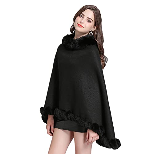 Proumhang Damen Gestrickter Schal Poncho mit Kunstpelz,Poncho Cape,Rundhals Pullover Schal,Winter Warm Elegant Umhang Poncho,Strick Pullover Cape,Geschenke Für Frauen Mama Schwarz von Proumhang