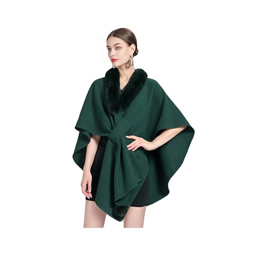 Proumhang Damen Kunstpelz Cape Wrap Shrug Wolle Winter Warm Stola Schal Modischer eleganter gestrickter Cardigan Poncho mit offener Front Einheitsgröße Dunkelgrün von Proumhang