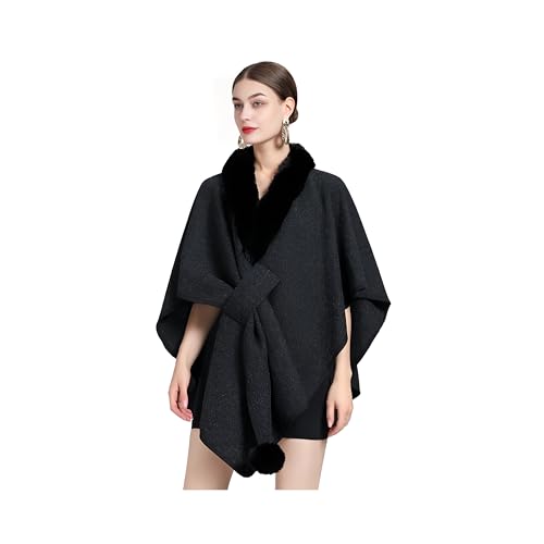 Proumhang Damen Kunstpelz Cape Wrap Shrug Wolle Winter Warm Stola Schal Modischer eleganter gestrickter Cardigan Poncho mit offener Front Einheitsgröße Schwarz von Proumhang