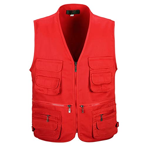 Proumhang Herren Multi Pocketed Weste Weste Jacke Top für Angeln Jagen Wandern Gilet Weste Rot 5XL von Proumhang