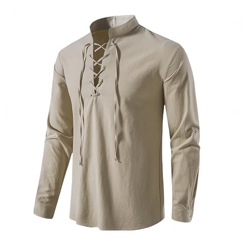 Proumhang Herren Piratenhemd Langarm Retro-Stil Freizeithemd Mittelalterliche Vintage Wikinger Hemden Piraten Kostüm Beige XL von Proumhang