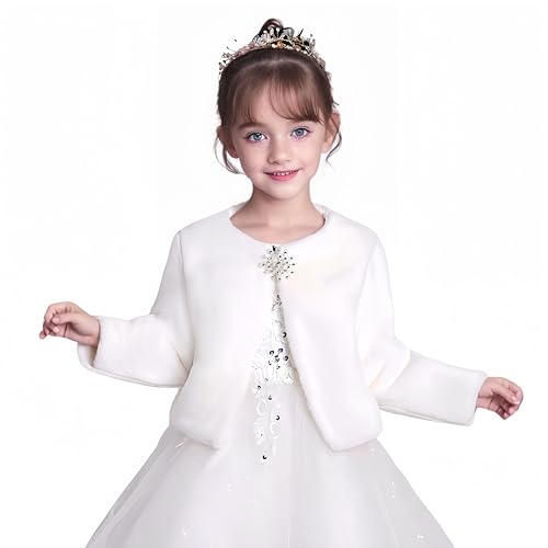 Proumhang Kinder Mädchen Bolero Shrug Kunstfell Jacke Weiß Mantel Schal Tippet Warmes Winter Cape Mantel Hochzeit Blumenmädchen Kleidung Strickjacke Outwear Stil 2 M(110~130) von Proumhang