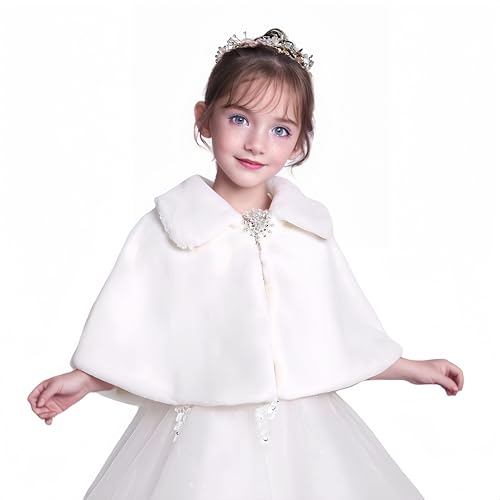 Proumhang Kinder Mädchen Bolero Shrug Kunstfell Jacke Weiß Mantel Schal Tippet Warmes Winter Cape Mantel Hochzeit Blumenmädchen Kleidung Strickjacke Outwear Stil 3 L(130~150) von Proumhang