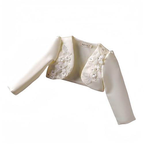 Proumhang Kinder Mädchen Shrug Cardigan Jacke Cover Up,Lange Ärmel Blume Satin Open Front Bolero Shawl,Hochzeit Brautjungfer Party Geburtstag Prinzessin Dress up Champagner 120 von Proumhang