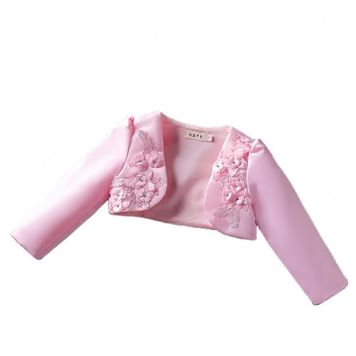 Proumhang Kinder Mädchen Shrug Cardigan Jacke Cover Up,Lange Ärmel Blume Satin Open Front Bolero Shawl,Hochzeit Brautjungfer Party Geburtstag Prinzessin Dress up Rosa 140 von Proumhang