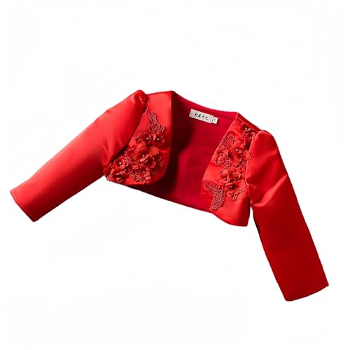 Proumhang Kinder Mädchen Shrug Cardigan Jacke Cover Up,Lange Ärmel Blume Satin Open Front Bolero Shawl,Hochzeit Brautjungfer Party Geburtstag Prinzessin Dress up Rot 120 von Proumhang